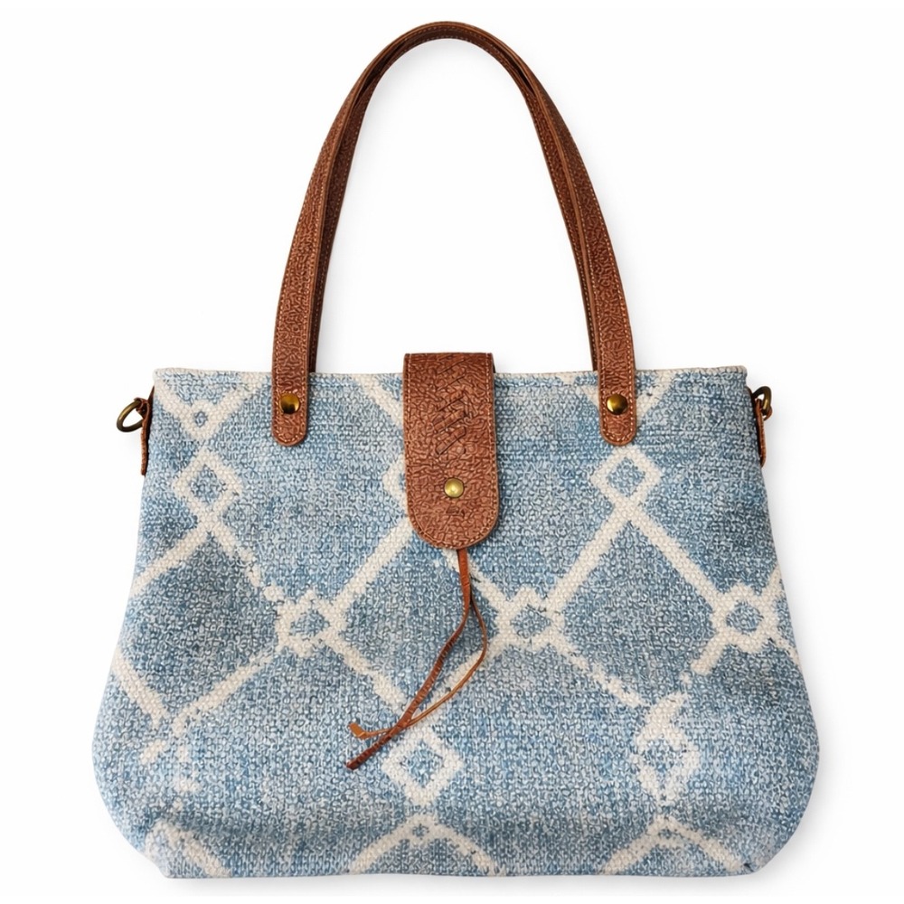 Myra Bag Beguile Woven Tote Crossbody Blue Southwest Pattern Leather Trim Boho